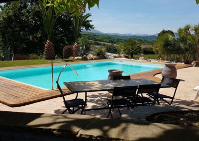 Coin repas extérieur avec vue sur la piscine